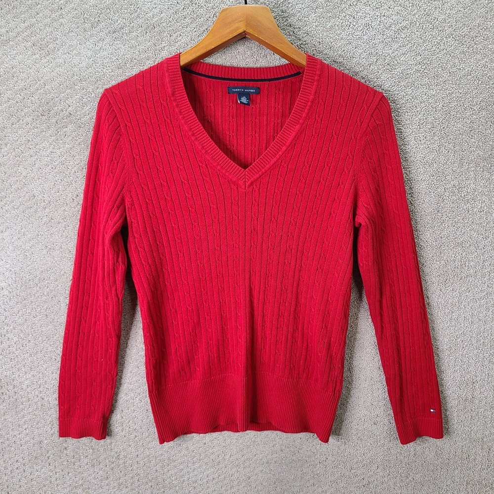 Tommy Hilfiger Sweater Womens Large Red Cable Knit V Neck Cotton Casual Pullover